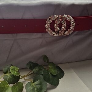 Designer Inspired Red Rhinestone Double Circle Buckle Belt Gold Tone Statement